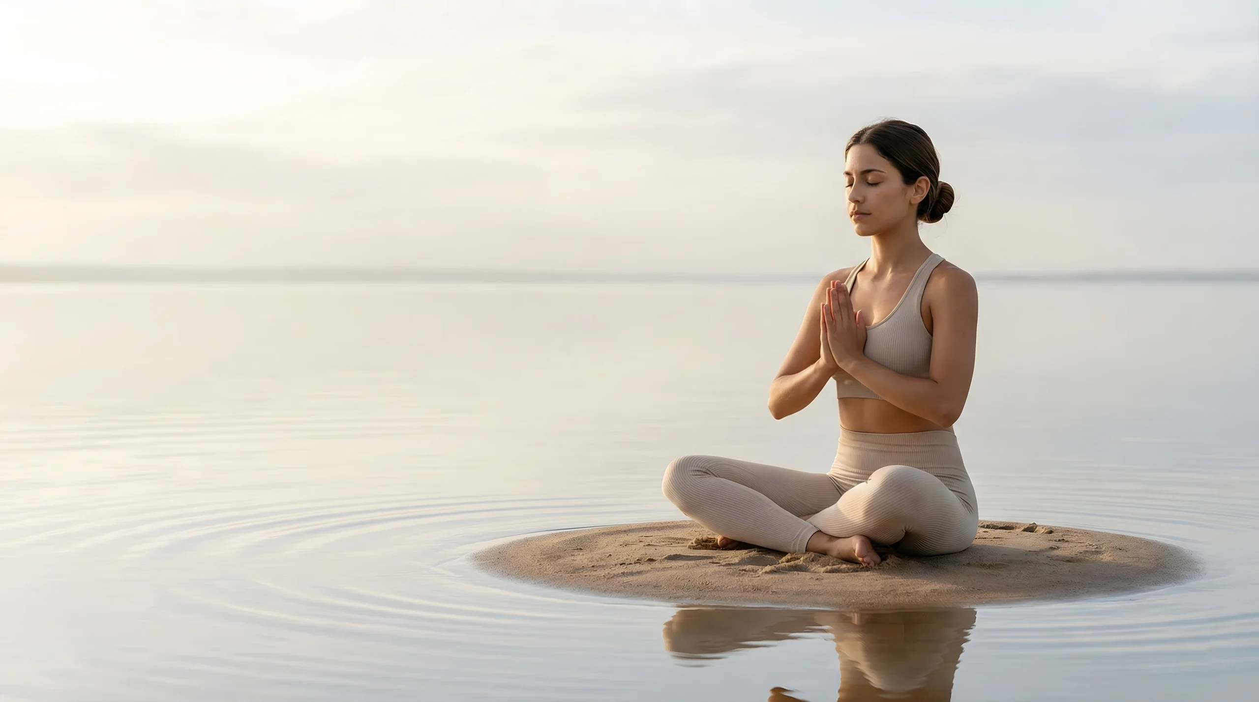 Imagen de mujer meditando en el desierto sentada sobre la arena rodeada de agua calma equilibrium meditaciones en argentina Blog de Meditacion contacto Area de miembros